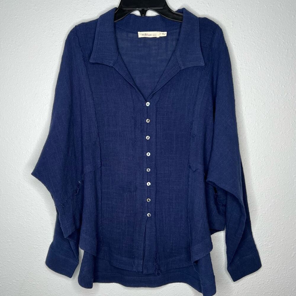 Millibon Navy Blue Button Down Lagenlook Blouse Women's size S